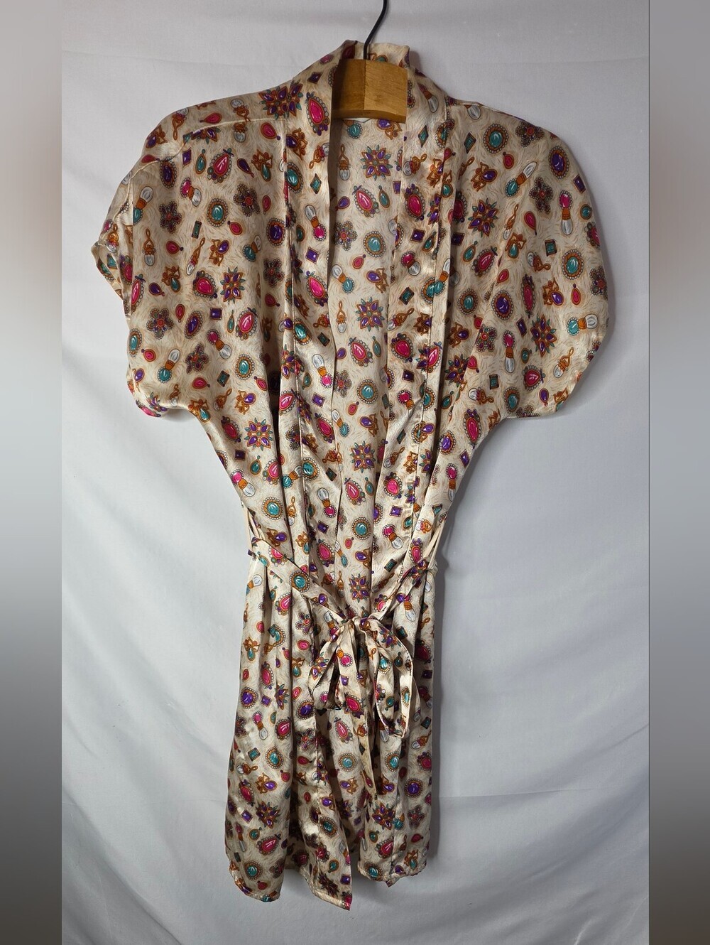 80's Pinx Silk Gem Jewel Print Kimono Robe Short Sleeve Tie Belt Size M